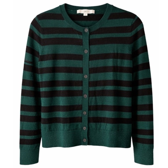 LOFT Sweaters - LOFT Womens Striped Crewneck Cardigan Sweater Green Black Button Front Large